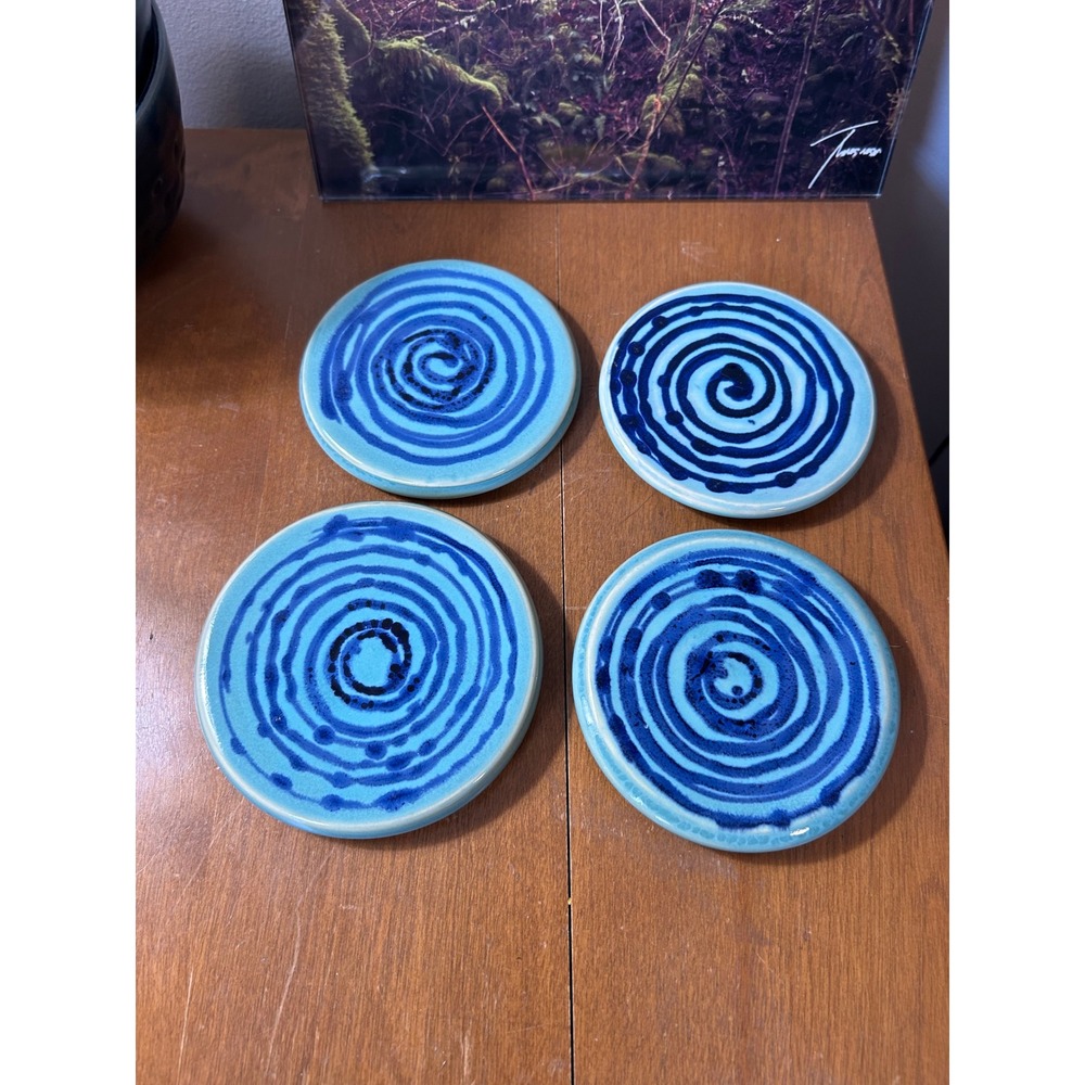 Handmade Ceramic Coasters Set of 4 Blue Spiral Abstract Glazed Pottery Round